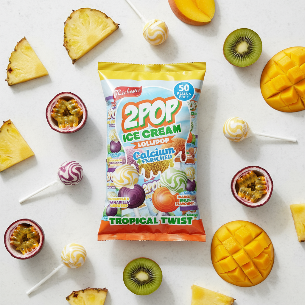 Rich 2pop Tropical Twist Lollipops - Fruity Shell & Bubblegum Centre (55ct Bulk Pack)
