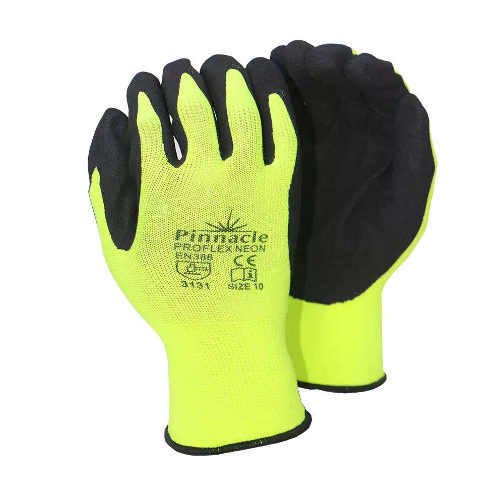 Proflex Neon 13g Lime Nylon Shell, Black Nitrile, Sandy Palm Coat Glove