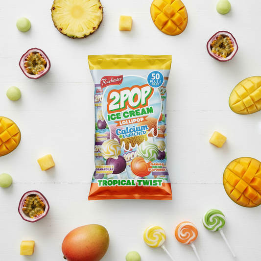Rich 2pop Tropical Twist Lollipops - Fruity Shell & Bubblegum Centre (55ct Bulk Pack)