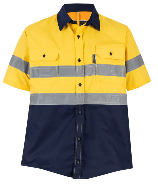 Navy/Yellow Hi - Vis Shirt 100% Cotton Short Sleeve