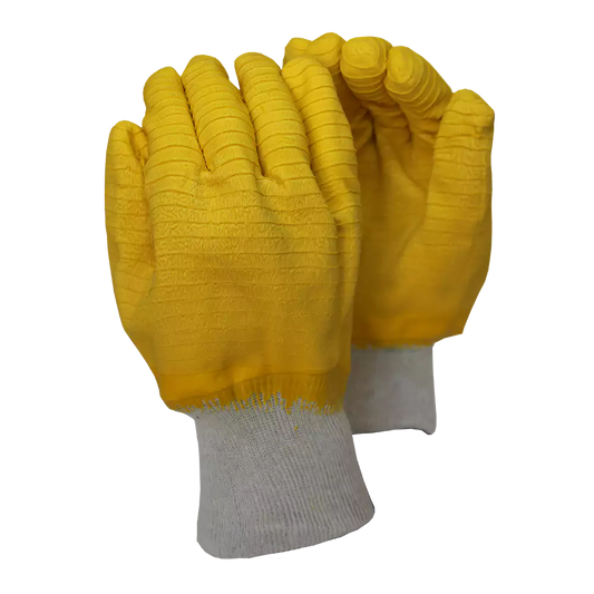 Comarex, Yellow Latex Full Dip Crinkle Glove, Knit Cuff