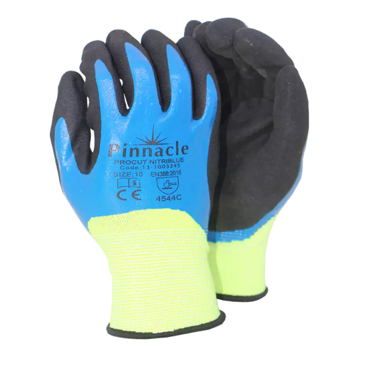Procut Nitriblue 13g Hppe,glassfiber & Spandex Liner,nitrile Double Coated,sandy palm,LV5