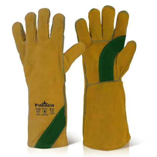 Yellow Welding Glove With Green Reinforced Palm, Elbow Length 8"